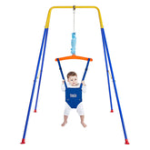 FUNLIO baby jumper with stand front view in blue; safe indoor play