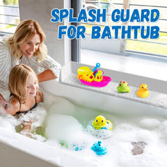 Funny Old Man splash guard doubles as a bath toy shelf for easy access to toys.