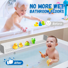 Funny Old Man splash guard demonstrates stable over-the-rim design for mess-free bath time.