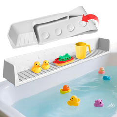 Funny Old Man splash guard on tub edge with 11 suction cups prevents spills and protects floors.