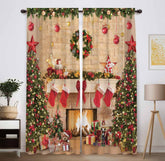 Funnytree Christmas fireplace window curtains brighten the living room with festive style.