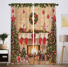 Funnytree Christmas fireplace window curtains brighten the living room with festive style.