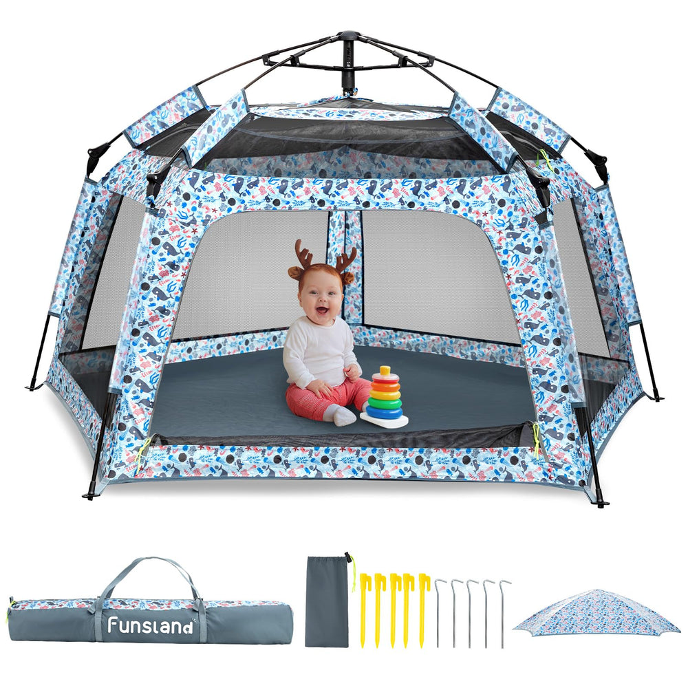 Funsland Baby Pop-Up Playpen on ocean beach with quick setup and shade.
