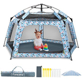 Funsland Baby Pop-Up Playpen on ocean beach with quick setup and shade.