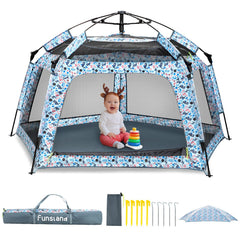 Funsland Baby Pop-Up Playpen on ocean beach with quick setup and shade.