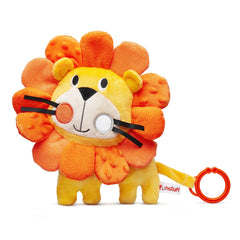 Funstuff Roary the Lion crinkle toy stimulates senses during baby play and snuggle time.