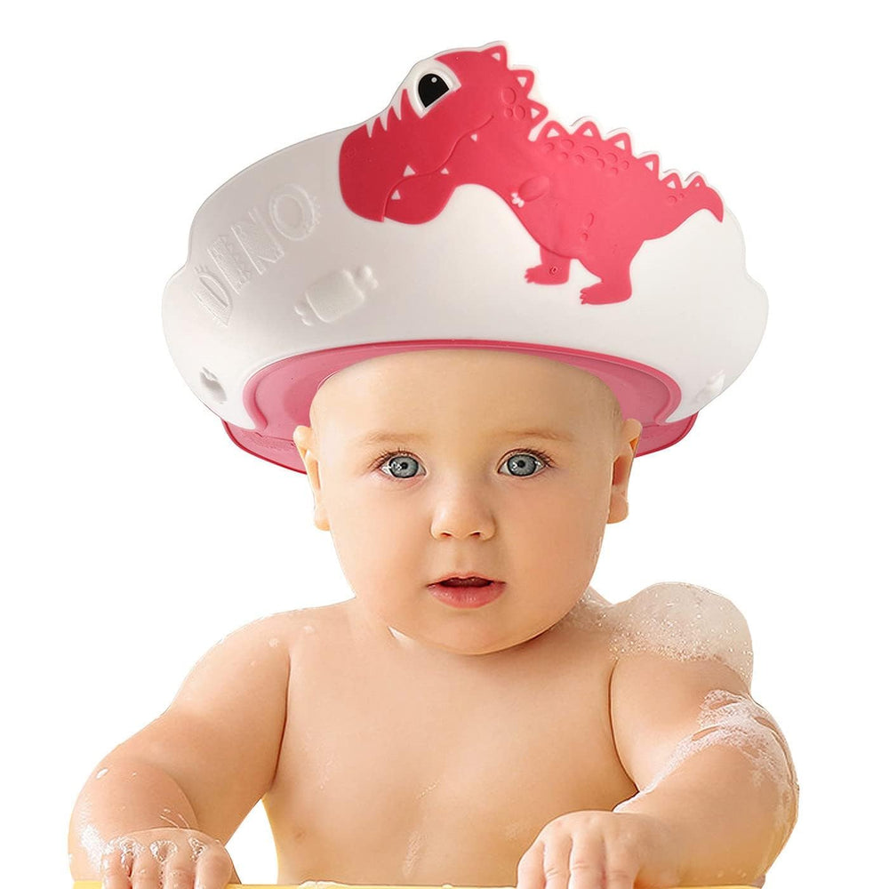 FUNUPUP Dinosaur Bath Cap front view shields eyes from shampoo during bath time.