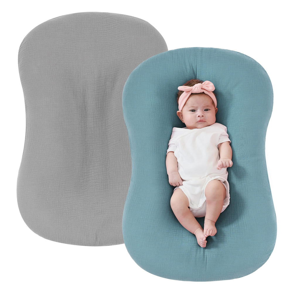 FUNUPUP muslin baby lounger cover in grey-blue fits Snuggle Me for quick setup
