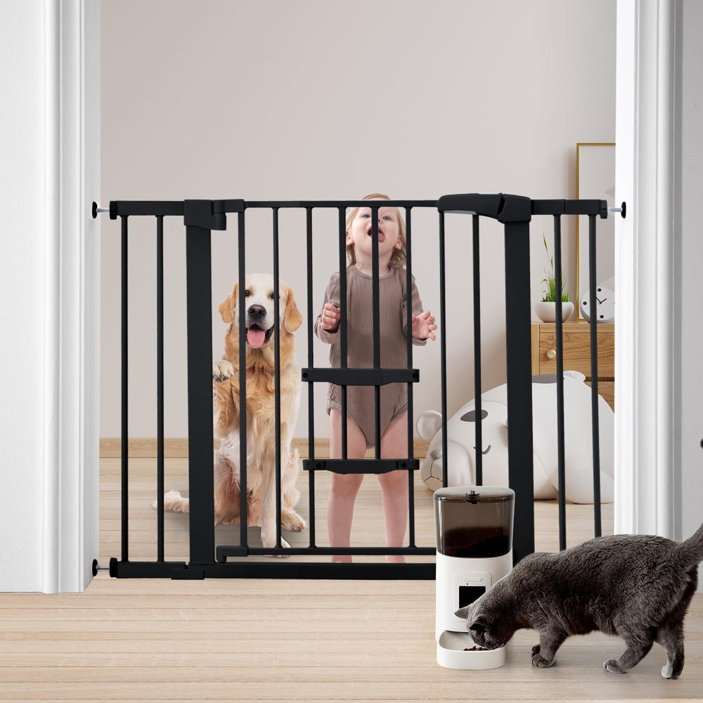 FURTIME baby gate with cat door shown in open position for pet and child passage.