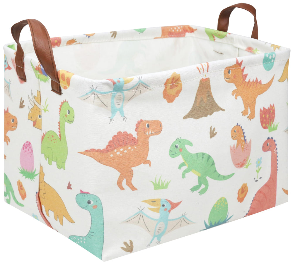 FXOCSHE Dinosaur Basket front view shows durable toy storage for kids' room organization.