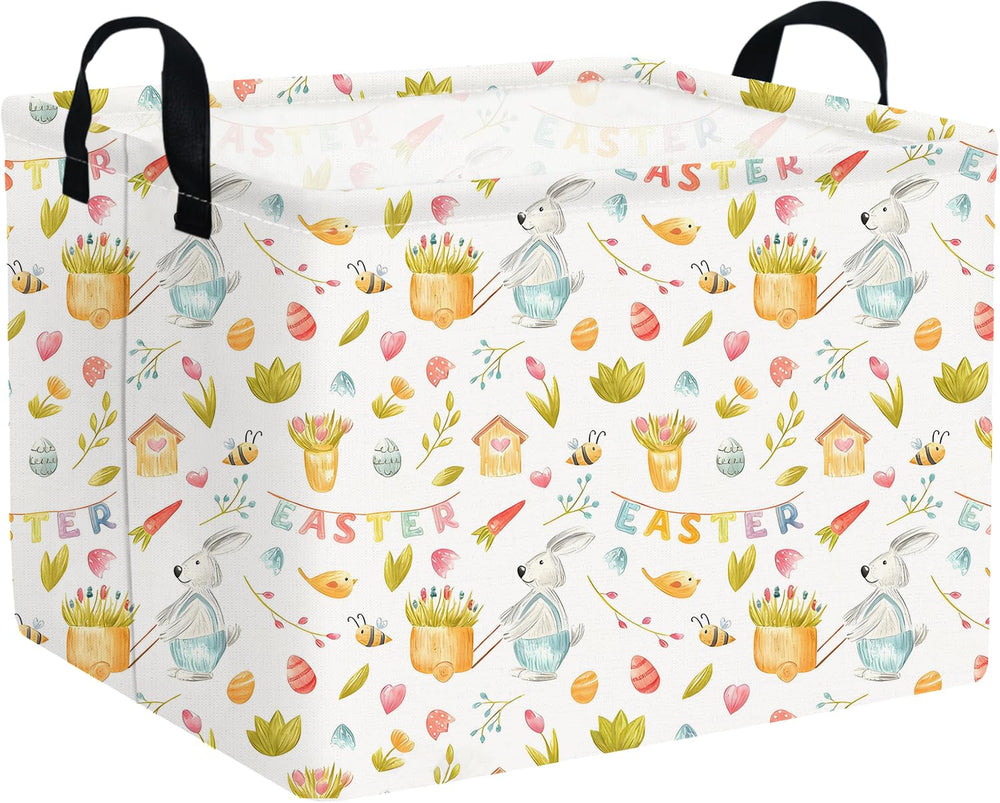 FXOCSHE rectangular Easter basket front view shows durable canvas and sturdy handles for toy storage.