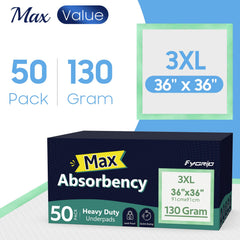 FYGRIP underpad packaging highlights 50-count value for caregivers.