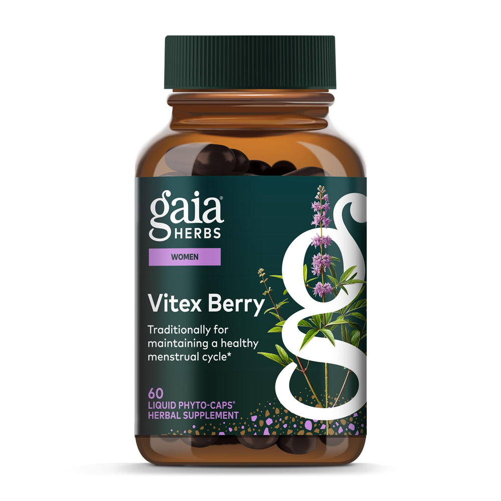 Gaia Herbs Vitex Berry bottle shows traditional menstrual support potential.