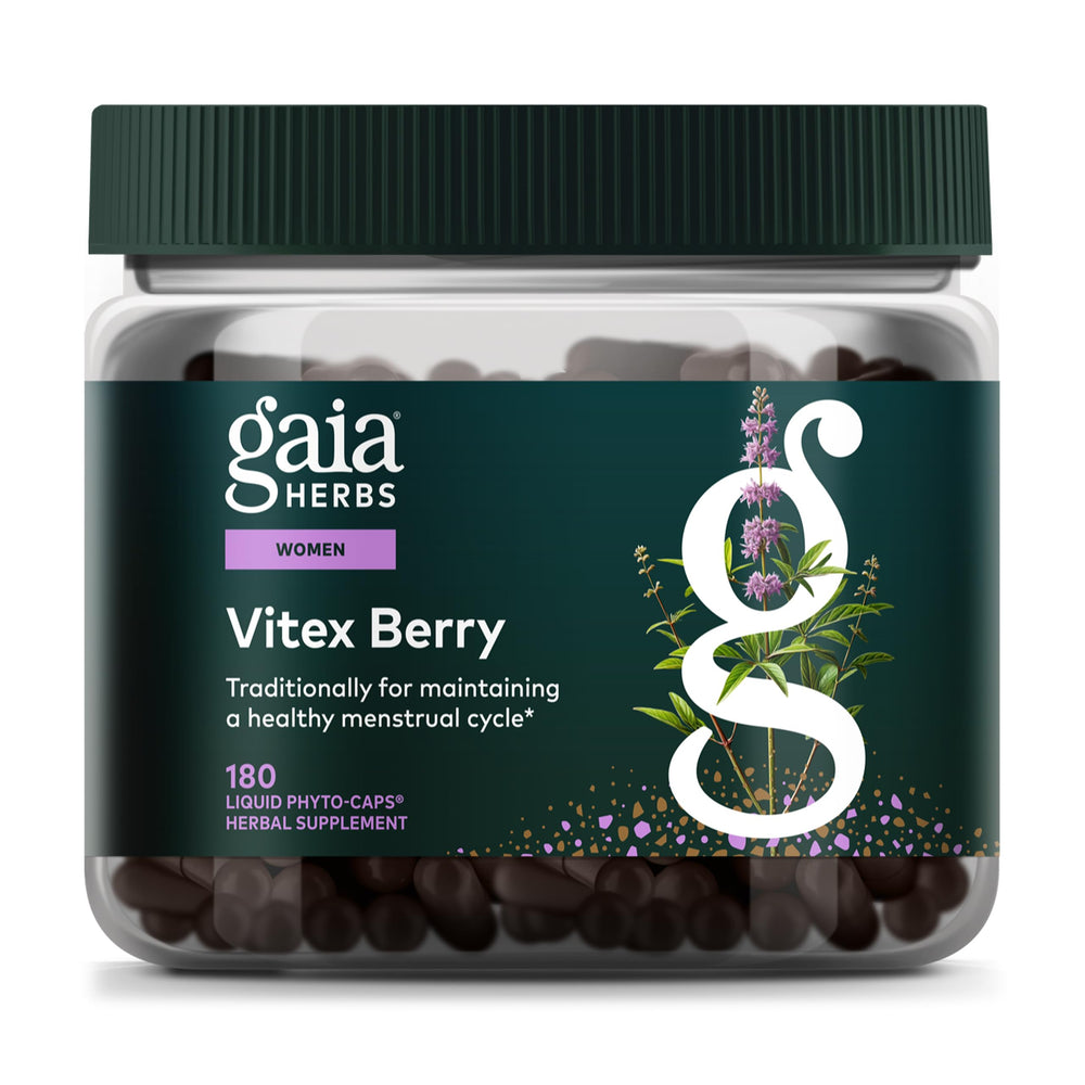 Gaia Herbs Vitex Berry bottle with vegan phyto-caps for potential hormone balance support.