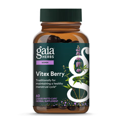 Gaia Herbs Vitex Berry bottle shows traditional menstrual support potential.