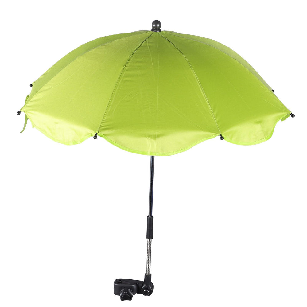 Garneck stroller umbrella with clip-on mechanism shields sun for on the go.