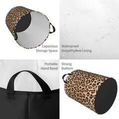 Gbuzozie leopard-print round laundry hamper features dual handles for simple transport.
