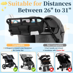 GDNasist double stroller organizer with cup holders designed for tall drinks, kept within reach.