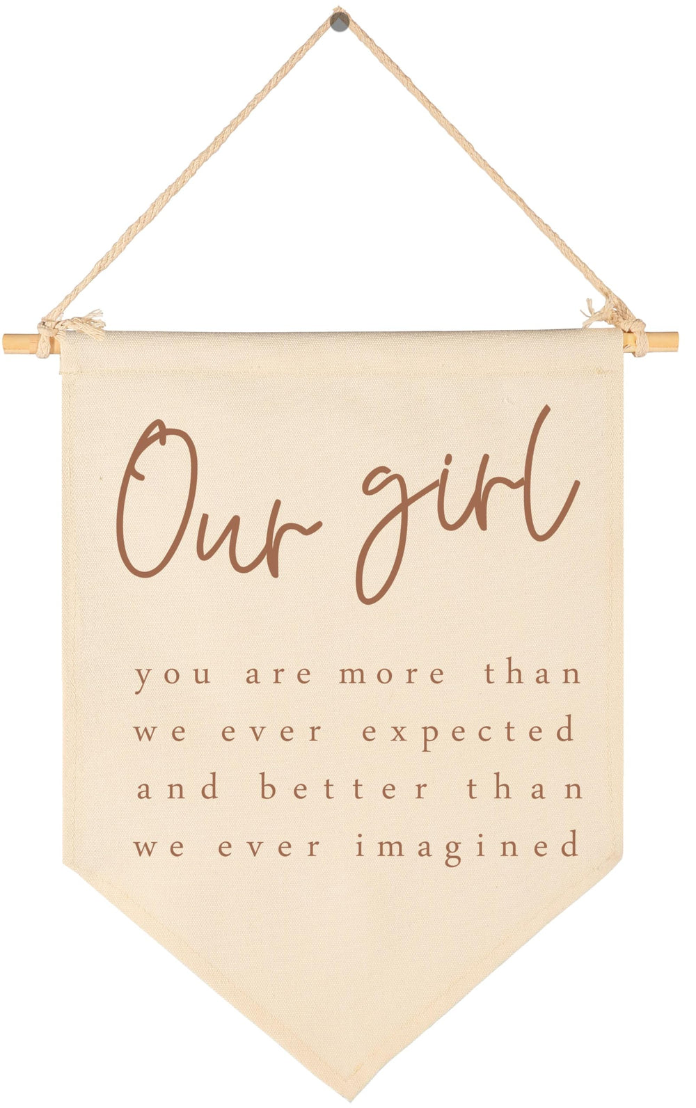 GEANHIL Our Girl banner on beige cotton canvas elevates nursery decor