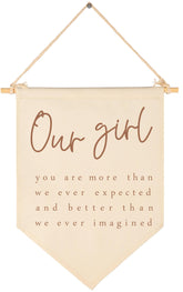 GEANHIL Our Girl banner on beige cotton canvas elevates nursery decor