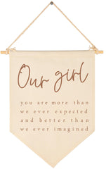 GEANHIL Our Girl banner on beige cotton canvas elevates nursery decor