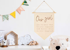 GEANHIL Our Girl pennant banner shown hanging for easy wall display