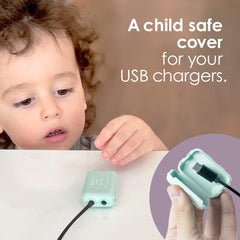 Dusty aqua Watch Your Mouth USB cover clipping onto a USB cable for safer charging
