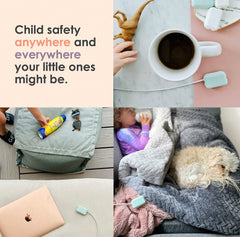 Geddy's Mom Watch Your Mouth protector on cable white, snaps shut for quick baby-proofing.
