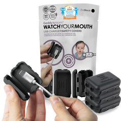 Geddy's Mom Watch Your Mouth USB cover shown on a cable for child-safe charging.