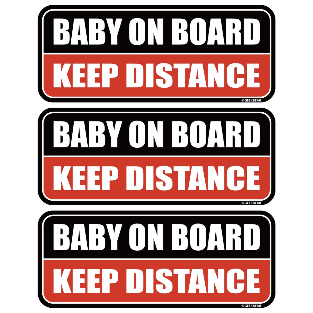 GEEKBEAR baby on board magnet—bold black and red 8.7x3.5 inch design for visibility.