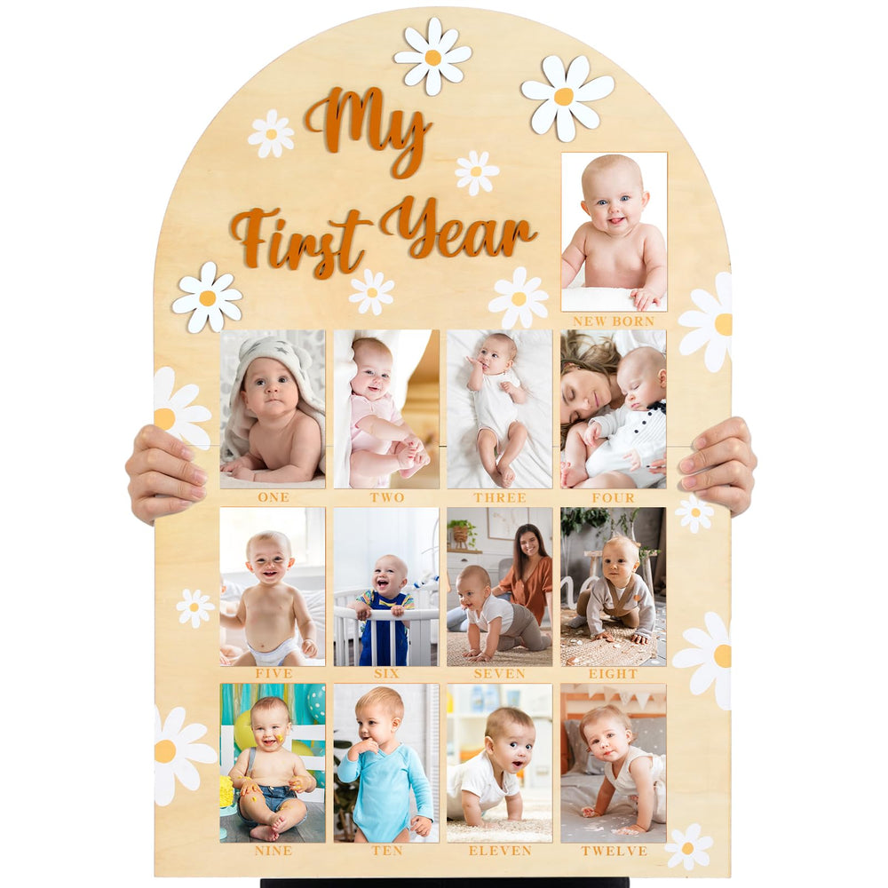 Geelin My First Year Birthday Board in white Daisy with 12-month milestones.