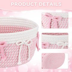Geelin woven rope basket with pink bow stores toys and books