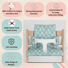 Gembebe mint bunny pattern on Tripp Trapp cushion offers newborn comfort.