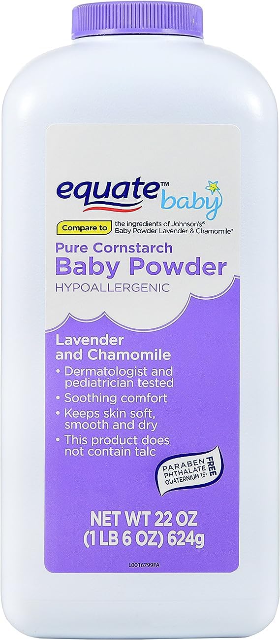 Generic Equate corn starch baby powder bottle pour for moisture absorption with lavender chamomile scent.