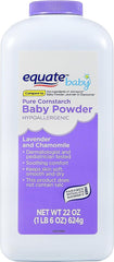 Generic Equate corn starch baby powder bottle pour for moisture absorption with lavender chamomile scent.