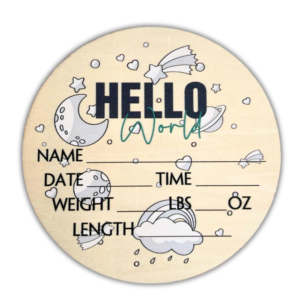 Generic Hello World Newborn Sign displays baby's name and birth details for hospital display.