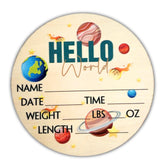 Generic Hello World Newborn Sign highlights the name area for a timeless keepsake.