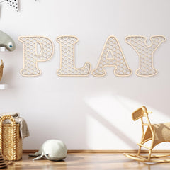 Generic Play Sign with four wooden rattan letters for charming nursery wall decor.
