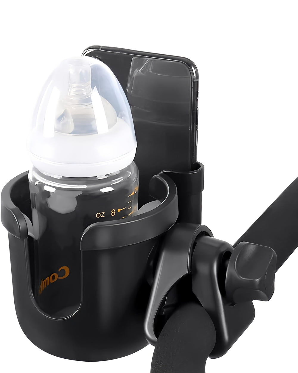 Generic universal stroller cup holder with 360 rotation keeps drinks easily reachable.