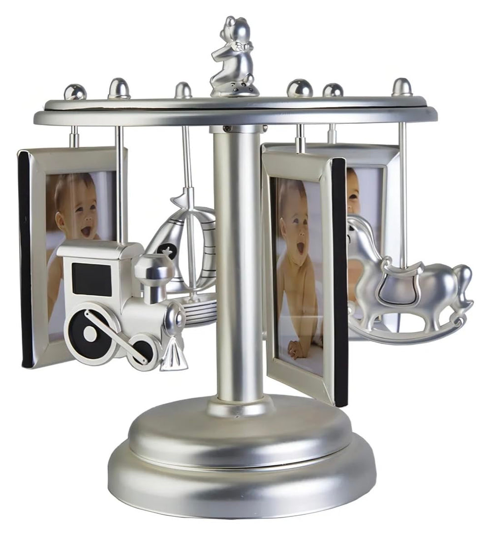 Generic Wind Up Carousel Frame rotates on a silver base showcasing the rotating photo display