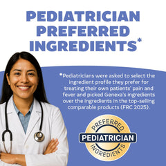 Genexa liquid label emphasizes pediatrician-preferred ingredients and dye-free composition.