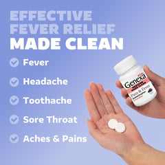 Genexa dye-free label highlights clean medicine for kids.