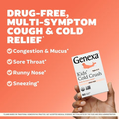 Genexa Kids Cold Crush chewable tablet close-up showing kid-friendly design.