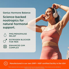 Genius Estrogen Balance label front highlighting vegan, USA-made formula
