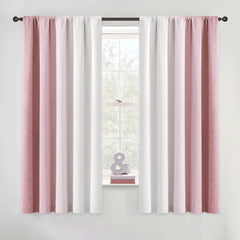 Geomoroccan ombre curtains in pink to white gradient for bedroom ambiance.