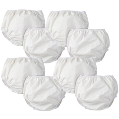 Gerber eight-pack waterproof diaper covers in white front view highlighting simple pull-on design.