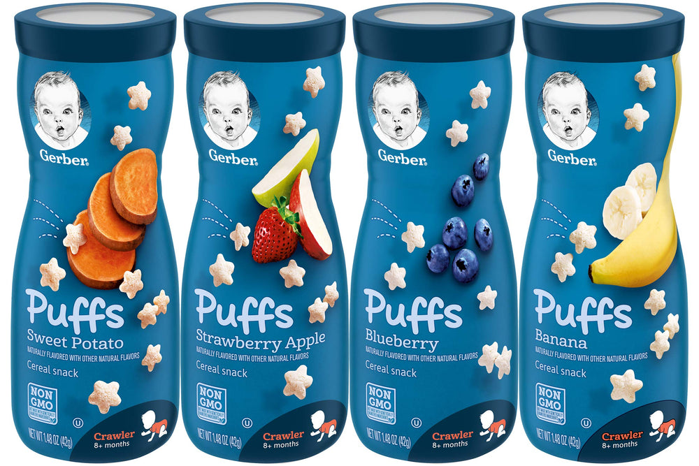 Gerber Graduates Apple Strawberry puffs in a bowl, kid-friendly snack for on-the-go tasting.