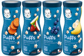 Gerber Graduates Apple Strawberry puffs in a bowl, kid-friendly snack for on-the-go tasting.