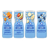 Gerber Graduates Apple Strawberry puffs in a bowl, kid-friendly snack for on-the-go tasting.