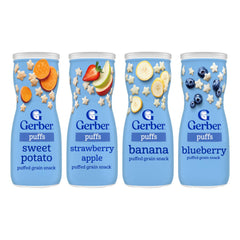 Gerber Graduates Apple Strawberry puffs in a bowl, kid-friendly snack for on-the-go tasting.